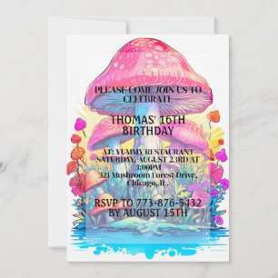 Psychedelic Mushroom Forest Print Födelsedagsfest Inbjudningar