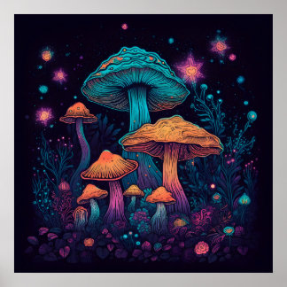 Psychedelic Mushroom Glow i Mörk Poster