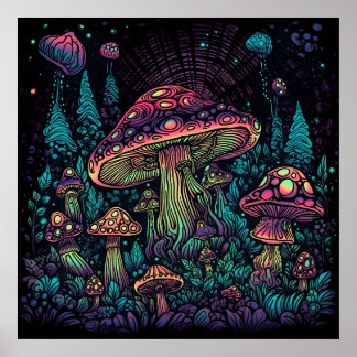 Psychedelic Mushroom Glow i Mörk Poster