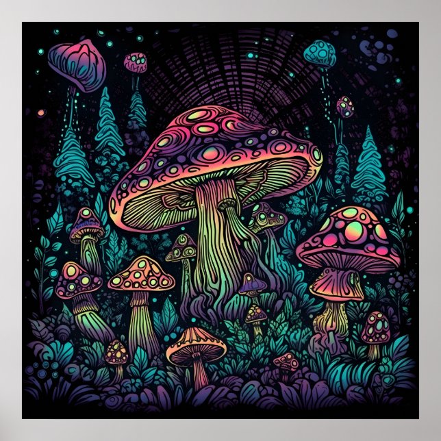 Psychedelic Mushroom Glow i Mörk Poster (Framsidan)