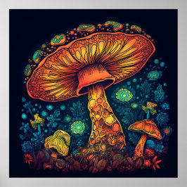 Psychedelic Mushroom Glow i Mörk Poster