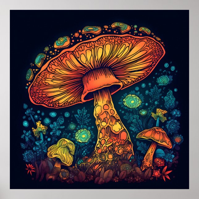 Psychedelic Mushroom Glow i Mörk Poster (Framsidan)