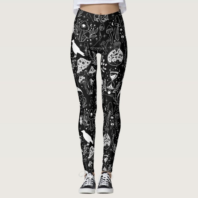Psychedelic Mushroom Mönster 2D.BW.b Black BG Leggings (Framsida)