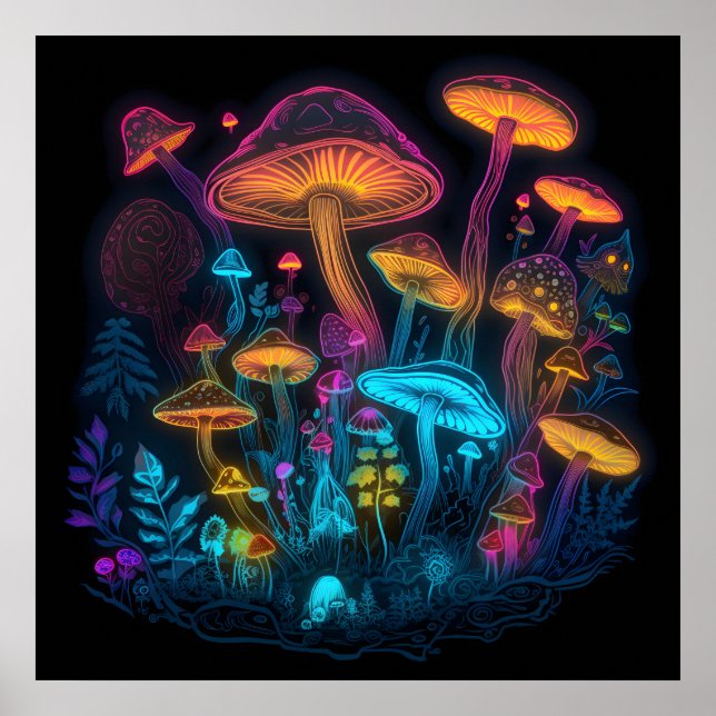 Psychedelic Mushroom Poster Neon Bright Mörk Glow (Framsidan)