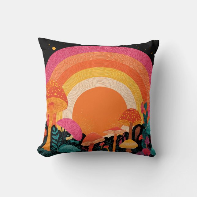 Psychedelic Mushroom Sunset – Retro Fantasy Nature Kudde (Framsida)