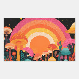 Psychedelic Mushroom Sunset – Retro Fantasy Nature Rektangulärt Klistermärke