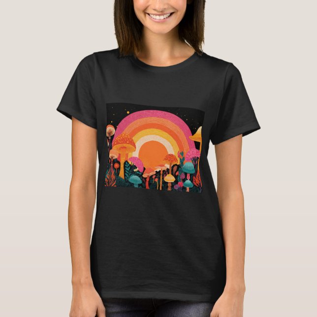 Psychedelic Mushroom Sunset – Retro Fantasy Nature T Shirt (Framsida)