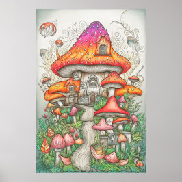 Psychedelic Mushroom Valley in Forest Poster
