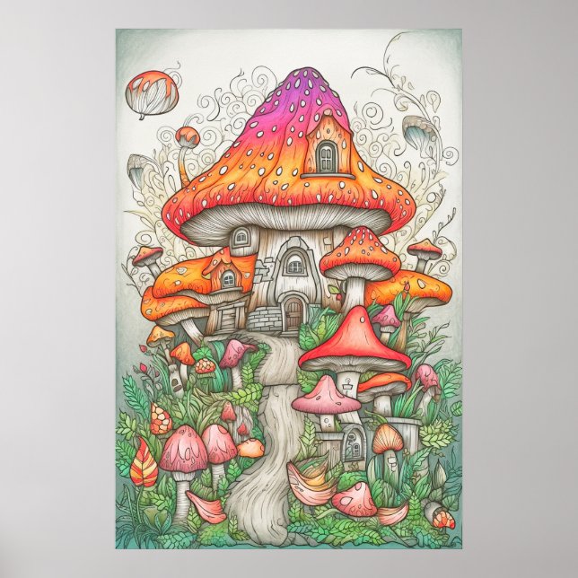 Psychedelic Mushroom Valley in Forest Poster (Framsidan)