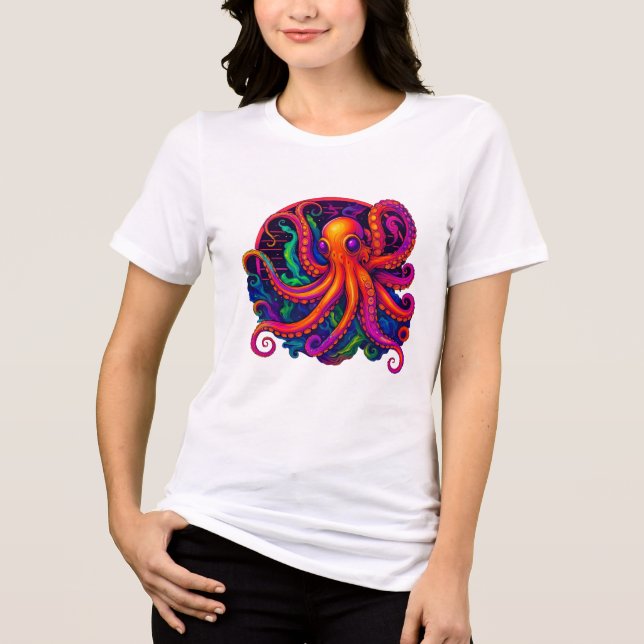 Psychedelic Neon Deep Sea Kraken Octopus T-Shirt (Framsida)