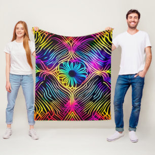 Psychedelic Neon Linjer med blomkonst konst Fleecefilt