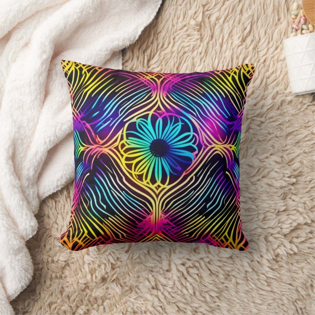 Psychedelic Neon Linjer med blomkonst konst Kudde (Filt)