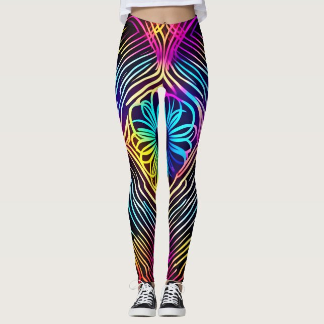 Psychedelic Neon Linjer med blomkonst konst Leggings (Framsida)