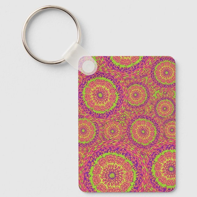 Psychedelic Neon Mandala Swirl Pattern Nyckelring (Framsida)