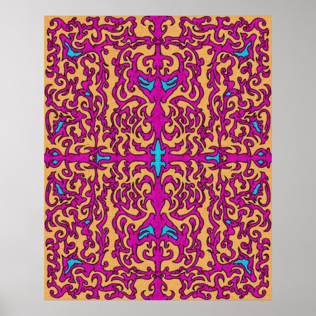 Psychedelic Neon Rosa Baroque Flourish Mönster Poster (Framsidan)
