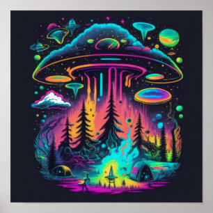 Psychedelic Neon UFO och Alien Abduction Art Poster
