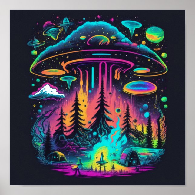 Psychedelic Neon UFO och Alien Abduction Art Poster (Framsidan)