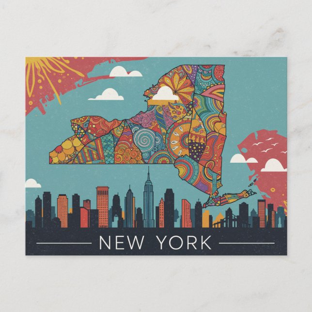 Psychedelic New York Karta Art | Vibrant City & St Vykort (Framsida)