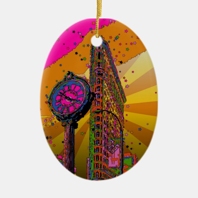 Psychedelic NYC: Flatiron Building & Klocka #2B Julgransprydnad Keramik (Framsidan)