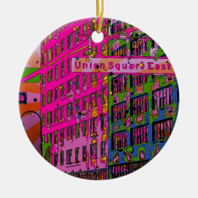 Psychedelic NYC: Union Square-byggnad, gatuskylt A Julgransprydnad Keramik (Framsidan)