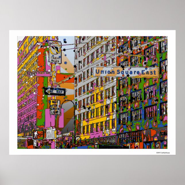 Psychedelic NYC: Union Square Byggnad, St Sign A4 Poster (Framsidan)