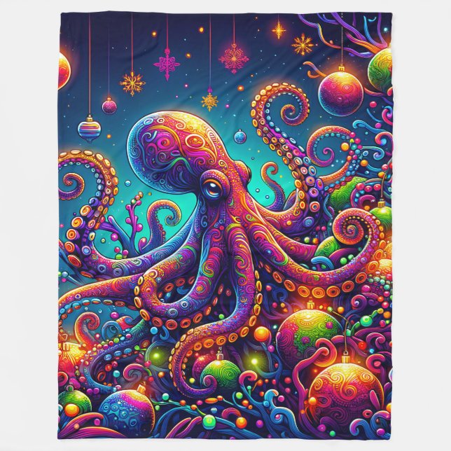 "Psychedelic Octopus jul Wonderland" Fleecefilt (Framsidan)