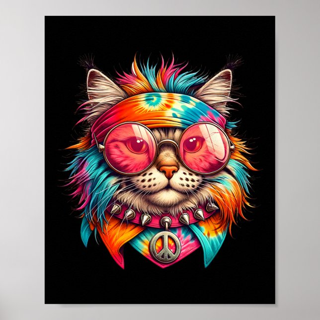 Psychedelic Peace Cat Colorful Hippie Retro Groovy Poster (Framsidan)