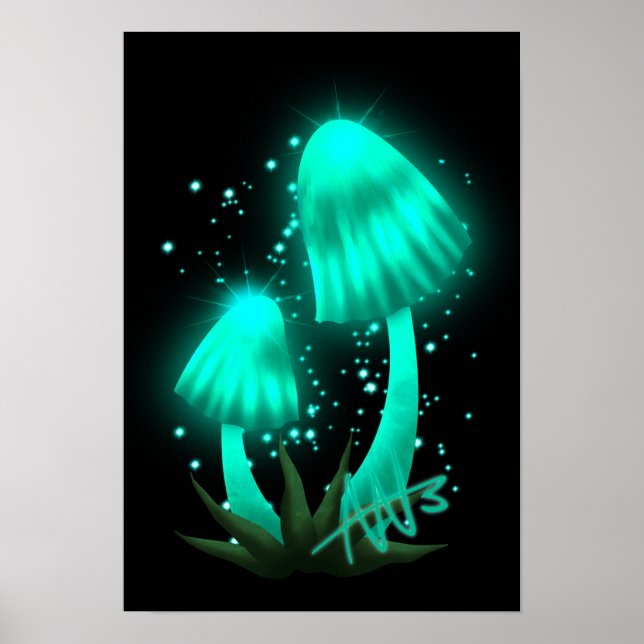 Psychedelic Pixie Cap Glowing Cyan Mushroom Poster (Framsidan)