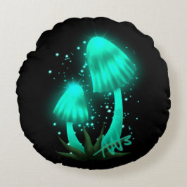 Psychedelic Pixie Cap Glowing Cyan Mushroom Rund Kudde