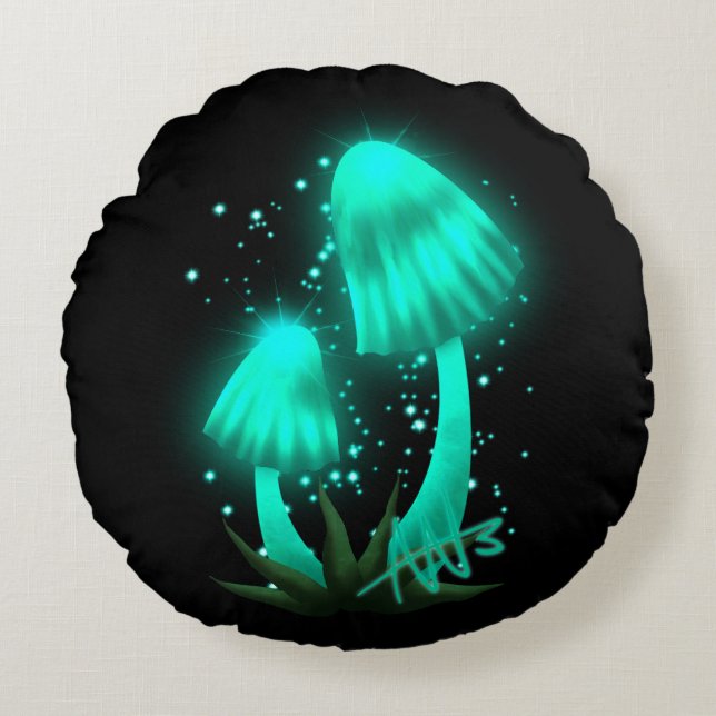 Psychedelic Pixie Cap Glowing Cyan Mushroom Rund Kudde (Framsidan)