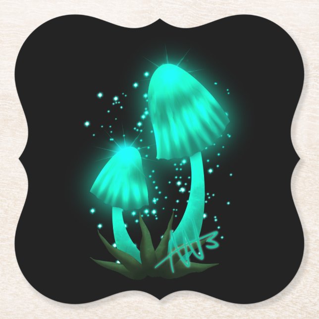 Psychedelic Pixie Cap Glowing Cyan Mushroom Underlägg Papper (Framsida)