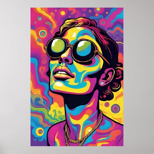 Psychedelic Pop Art Porträtt - Vibrant Neon Trippy Poster (Framsidan)