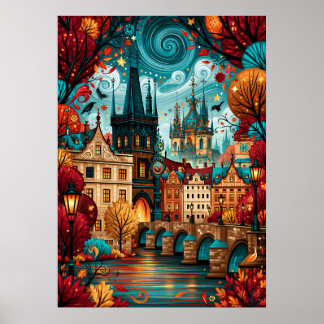 Psychedelic Prag Karlsbron Stadsscen Poster