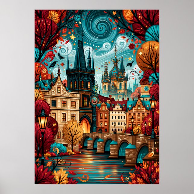 Psychedelic Prag Karlsbron Stadsscen Poster (Framsidan)
