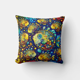 "Psychedelic Puffer Fish - Vibrant Underwater Art" Kudde
