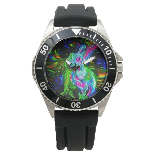 Psychedelic Rabbit Dragon i Neon Fantasy Armbandsur (Framsida)