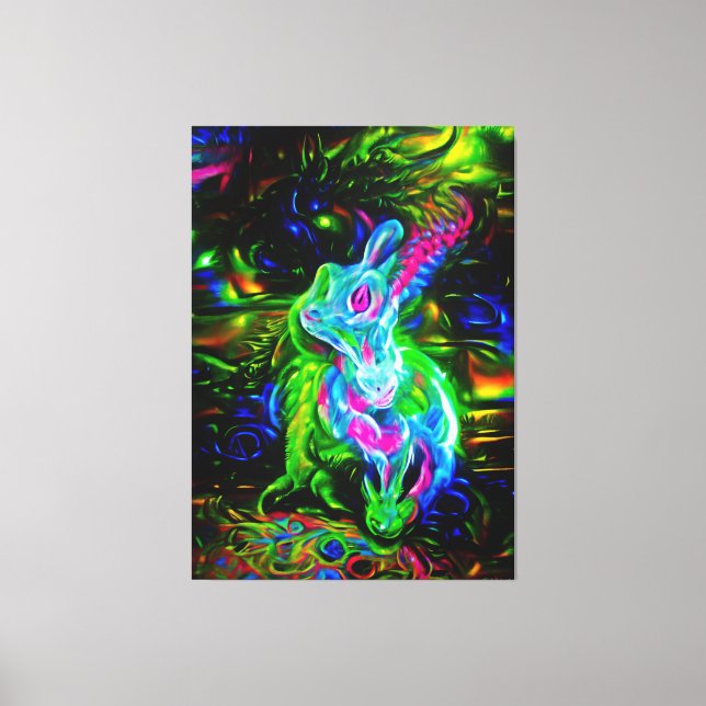Psychedelic Rabbit Dragon i Neon Fantasy Canvastryck (Framsida)