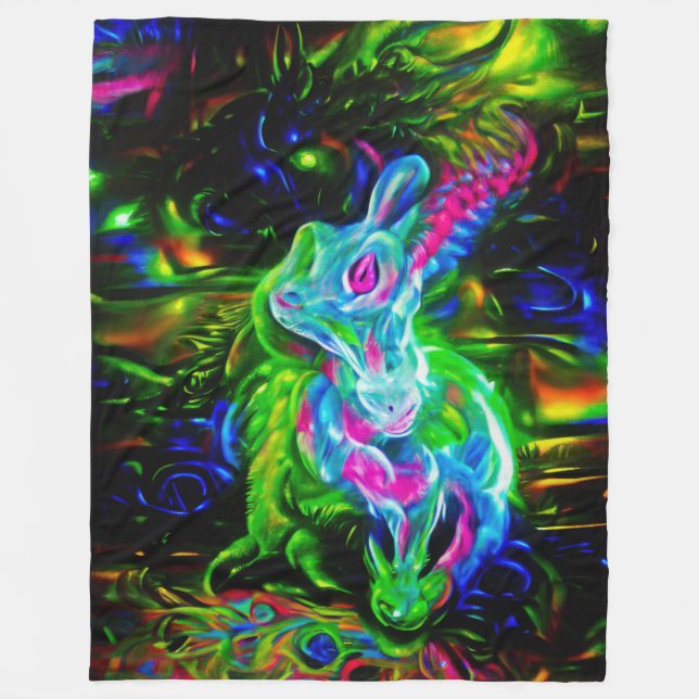 Psychedelic Rabbit Dragon i Neon Fantasy Fleecefilt (Framsidan)