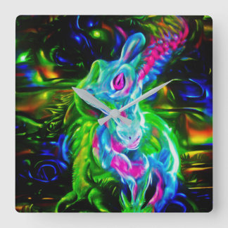 Psychedelic Rabbit Dragon i Neon Fantasy Fyrkantig Klocka