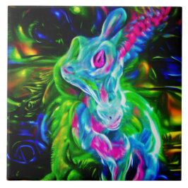 Psychedelic Rabbit Dragon i Neon Fantasy Kakelplatta