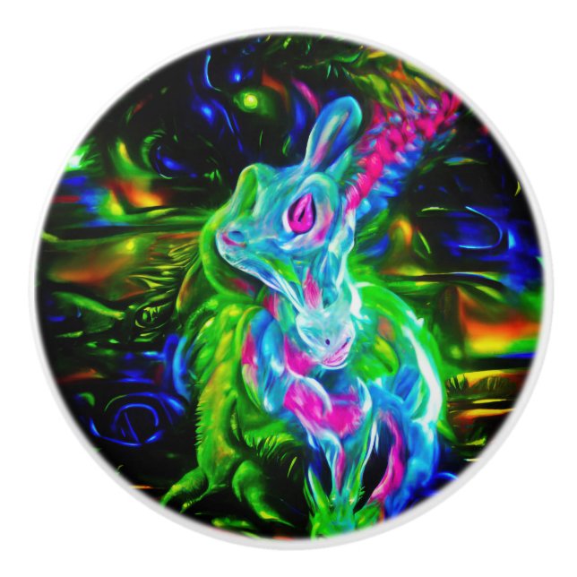 Psychedelic Rabbit Dragon i Neon Fantasy Knopp (Framsidan)