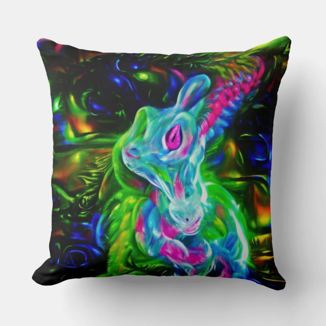 Psychedelic Rabbit Dragon i Neon Fantasy Kudde (Framsida)