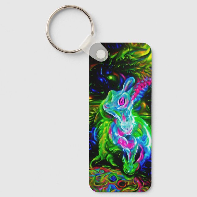 Psychedelic Rabbit Dragon i Neon Fantasy Nyckelring (Framsida)