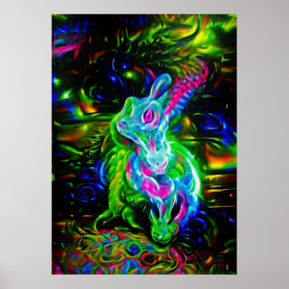 Psychedelic Rabbit Dragon i Neon Fantasy Poster