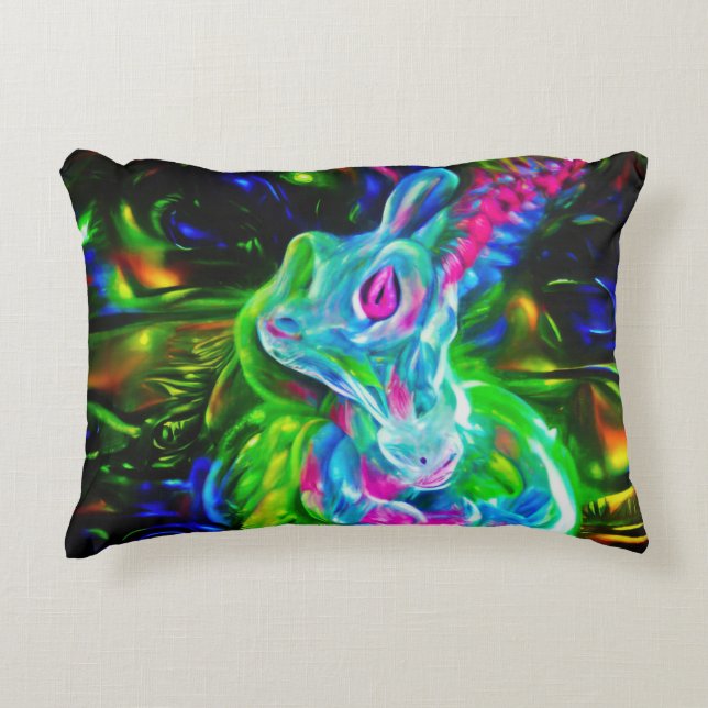 Psychedelic Rabbit Dragon i Neon Fantasy Prydnadskudde (Framsidan)