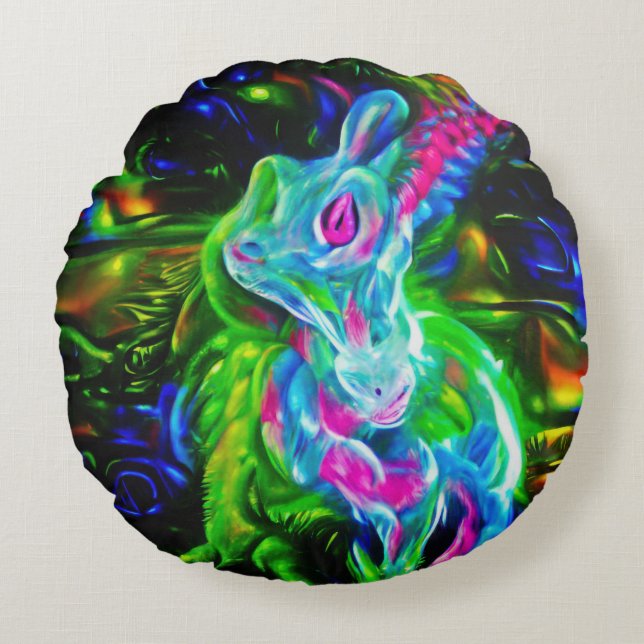 Psychedelic Rabbit Dragon i Neon Fantasy Rund Kudde (Framsidan)
