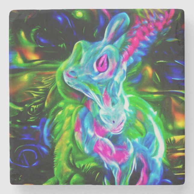 Psychedelic Rabbit Dragon i Neon Fantasy Stenunderlägg (Framsidan)