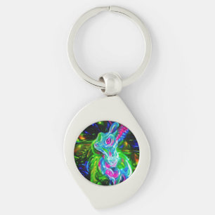 Psychedelic Rabbit Dragon i Neon Fantasy Swirl Silverfärgad Nyckelring
