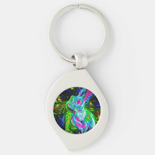 Psychedelic Rabbit Dragon i Neon Fantasy Swirl Silverfärgad Nyckelring (Framsidan)