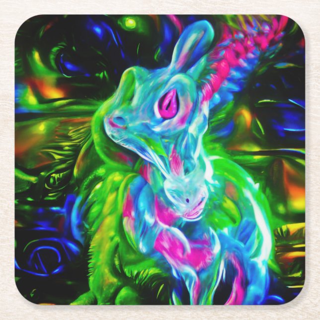 Psychedelic Rabbit Dragon i Neon Fantasy Underlägg Papper Kvadrat (Framsidan)